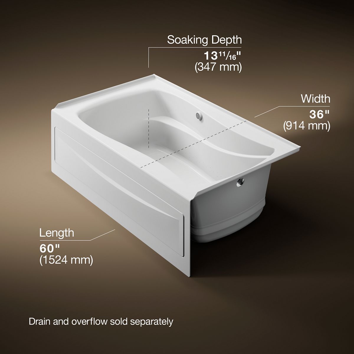 Mariposa® 60" x 36" alcove Heated BubbleMassage™ air bath with Bask® heated surface, right drain