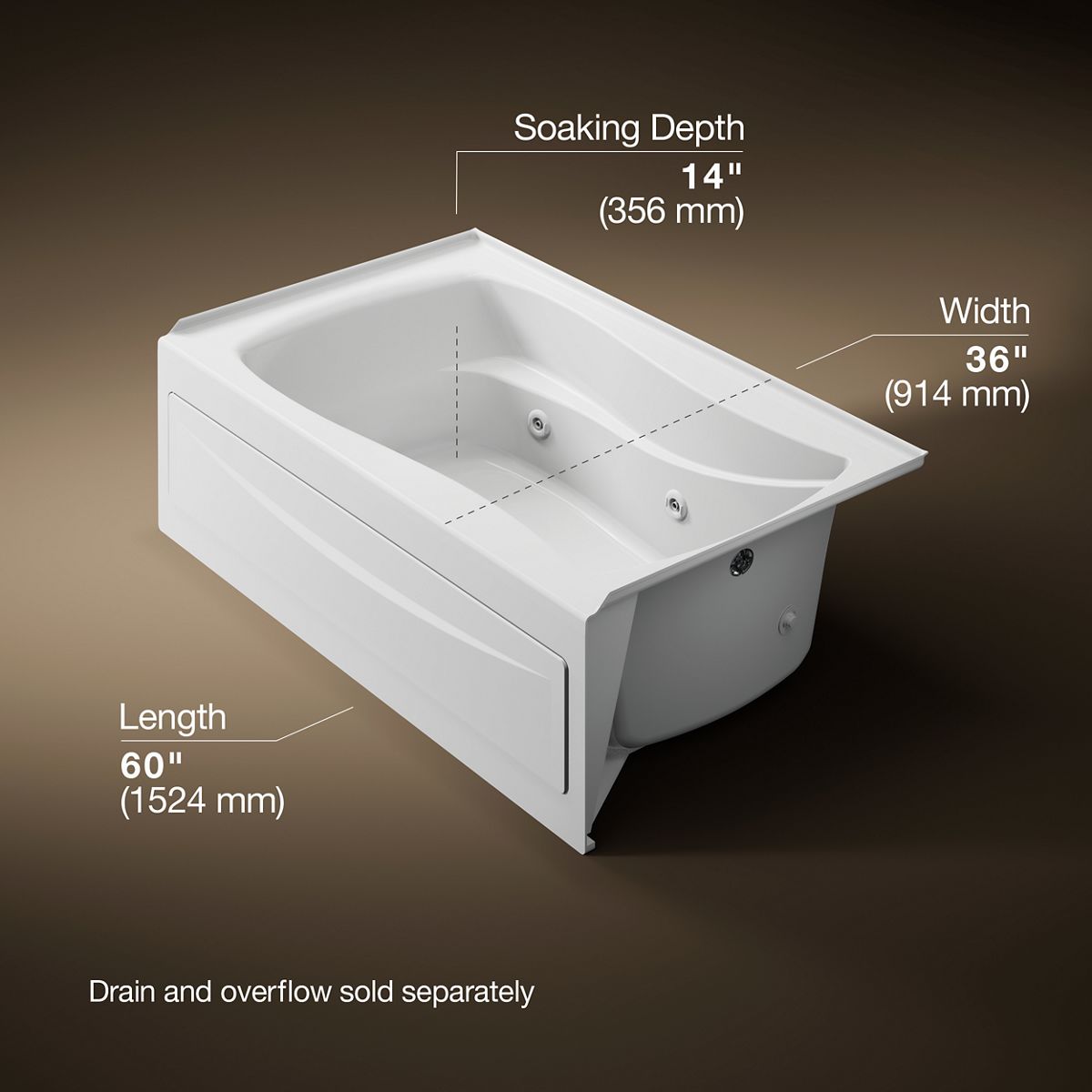 Mariposa® 60" x 36" alcove heated whirlpool, right drain