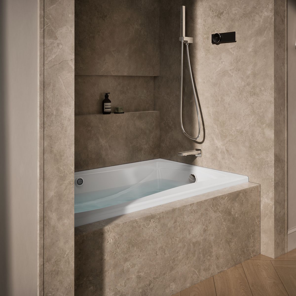 Mariposa® 60" x 36" alcove whirlpool bath with Bask® heated surface, integral flange and right-hand drain