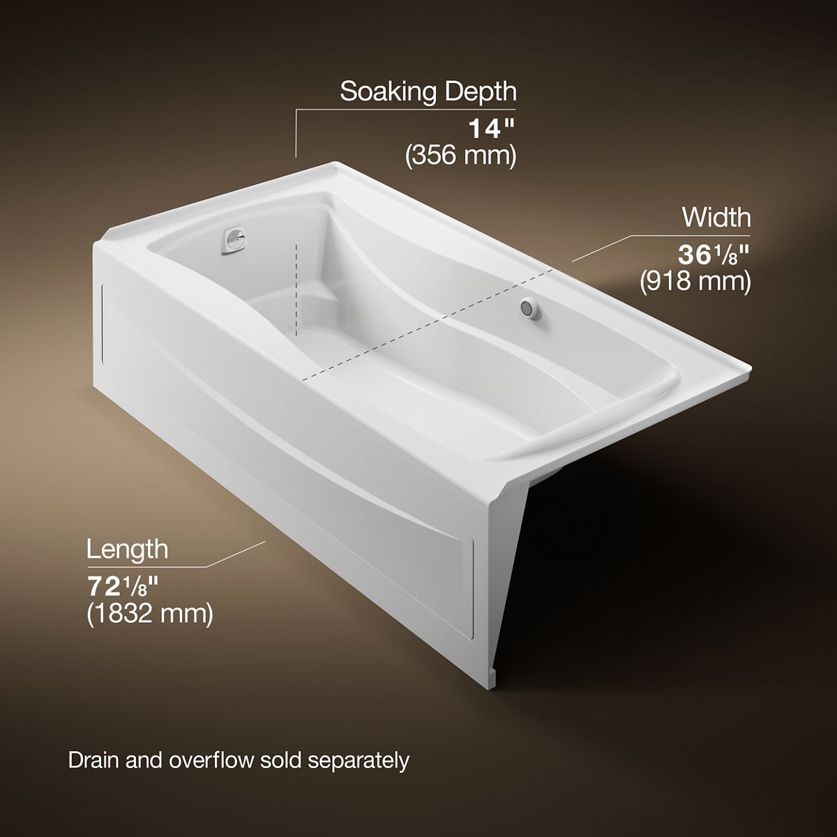 Mariposa® 72" x 36" alcove Heated BubbleMassage™ air bath with Bask® heated surface, left drain