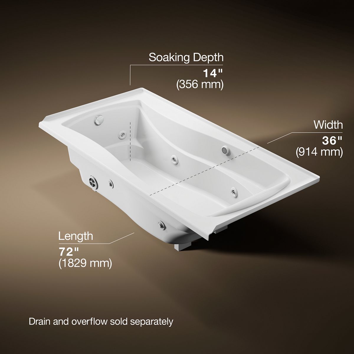 Mariposa® 72" x 36" alcove whirlpool bath with Bask® heated surface, left drain