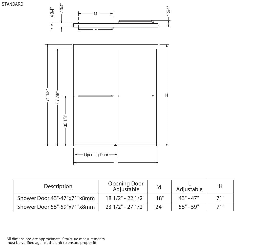 Kameleon 43-47 x 71 in. 8 mm Bypass Shower Door for Alcove Installation with Clear glass in Chrome