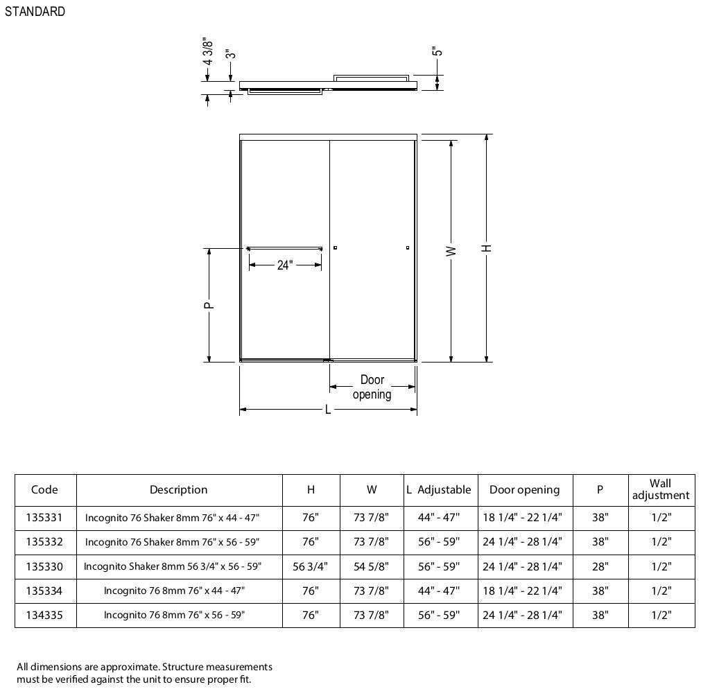 Incognito 76 Shaker 44-47 x 76 in. 8mm Bypass Shower Door for Alcove Installation with Shaker glass in Matte Black