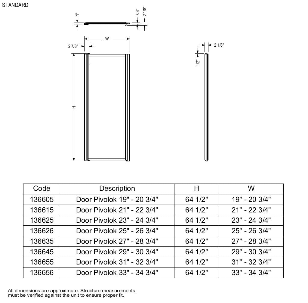 Pivolok 19-20 ¾ x 64 ½ in. Pivot Shower Door for Alcove Installation with Clear glass in Chrome