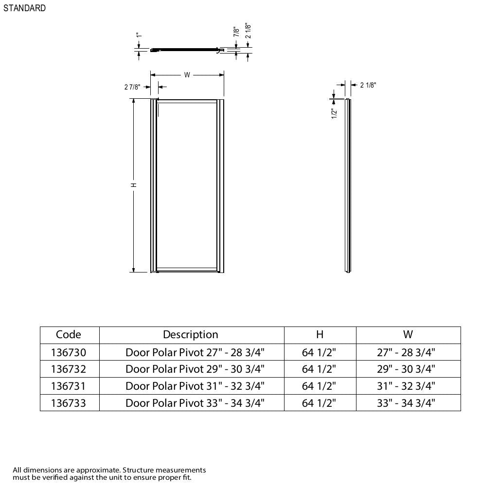 Polar Pivot 31-32 ¾ in. x 64 ½ in. Pivot Shower Door for Alcove Installation with Raindrop glass in Chrome