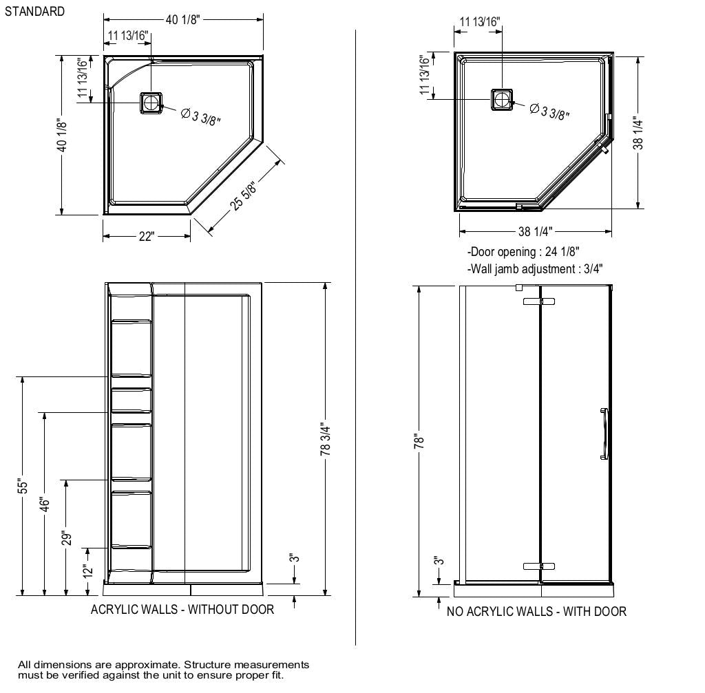 Hana Neo-angle 40 x 40 x 75 in. 8mm Pivot Shower Door for Corner Installation with Clear glass in Chrome