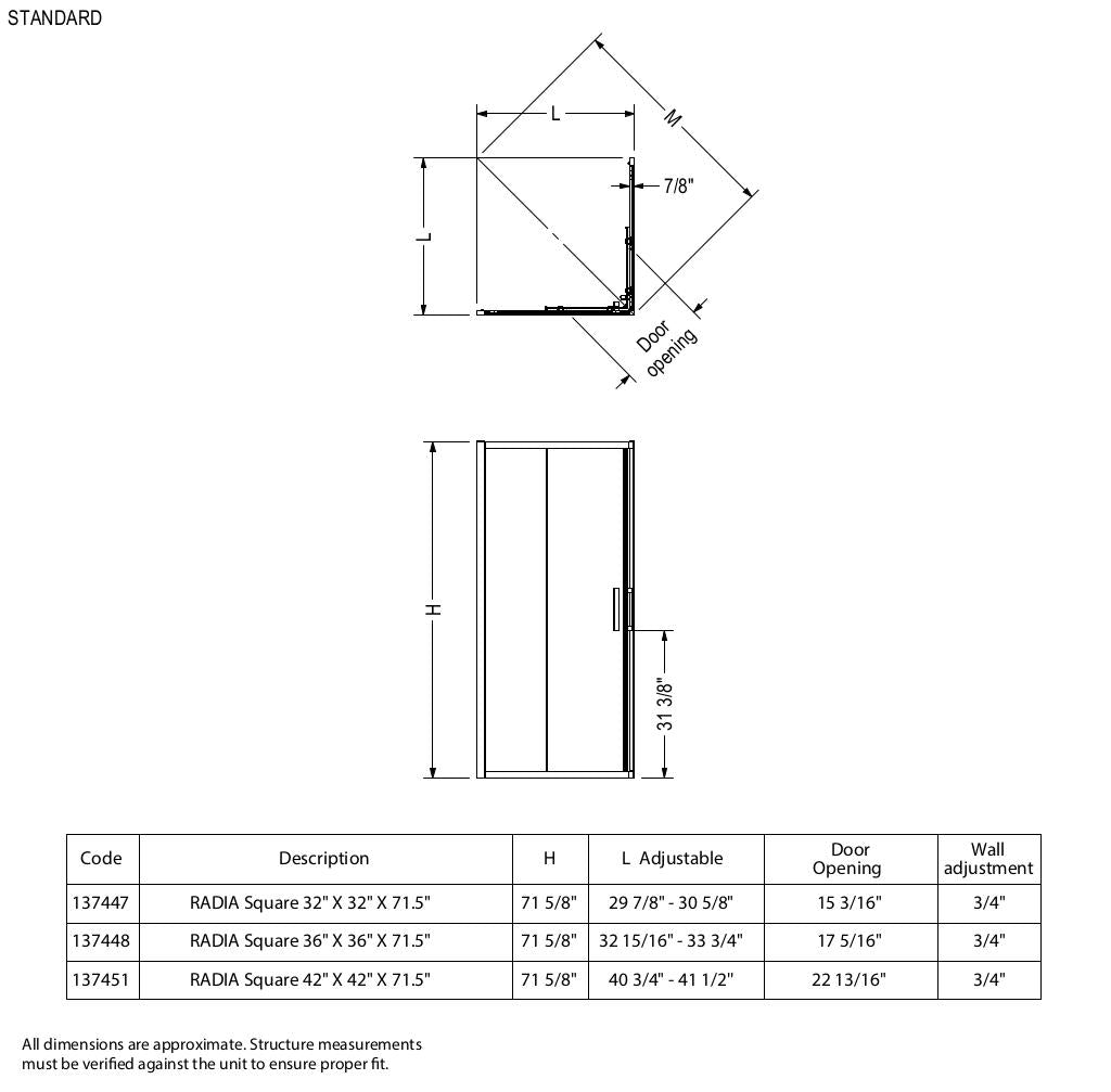 Radia Square 36 x 36 x 71 ½ in. 6 mm Sliding Shower Door for Corner Installation with Clear glass in Chrome