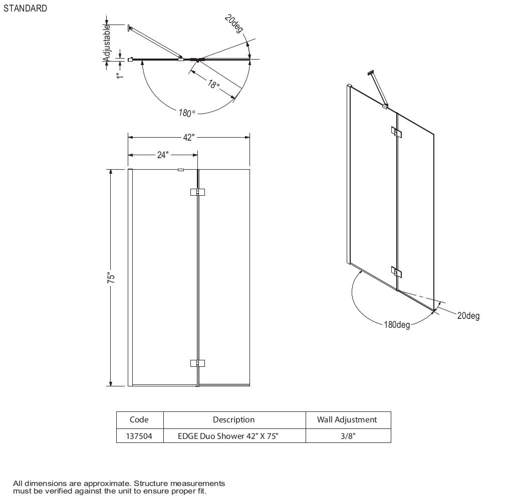 Edge Duo 42 x 75 in. 8 mm Pivot Shower Screen for Alcove Installation with Clear glass in Chrome