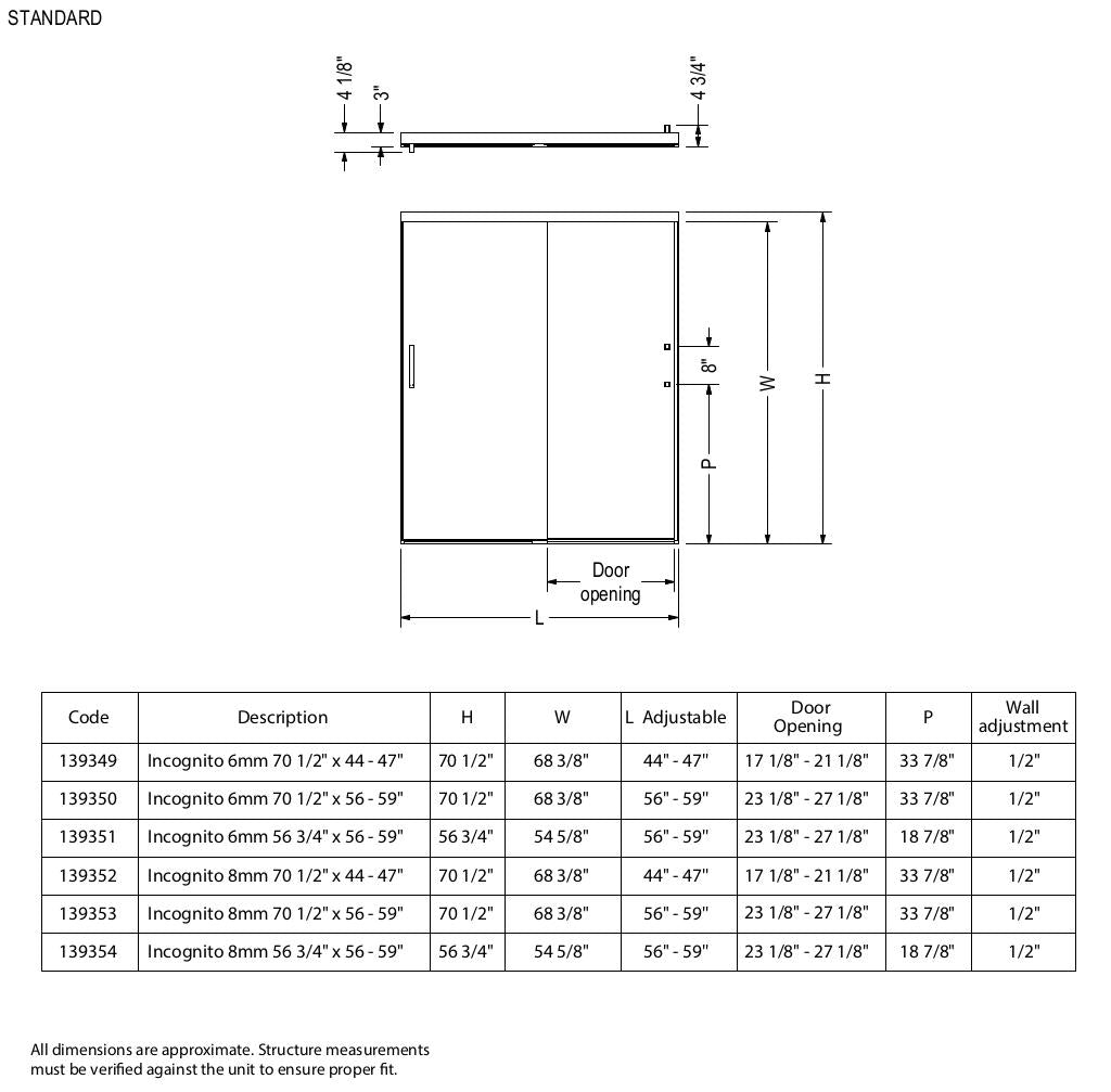 Incognito 70 56-59 x 70 ½ in. 8 mm Bypass Shower Door for Alcove Installation with Clear glass in Chrome