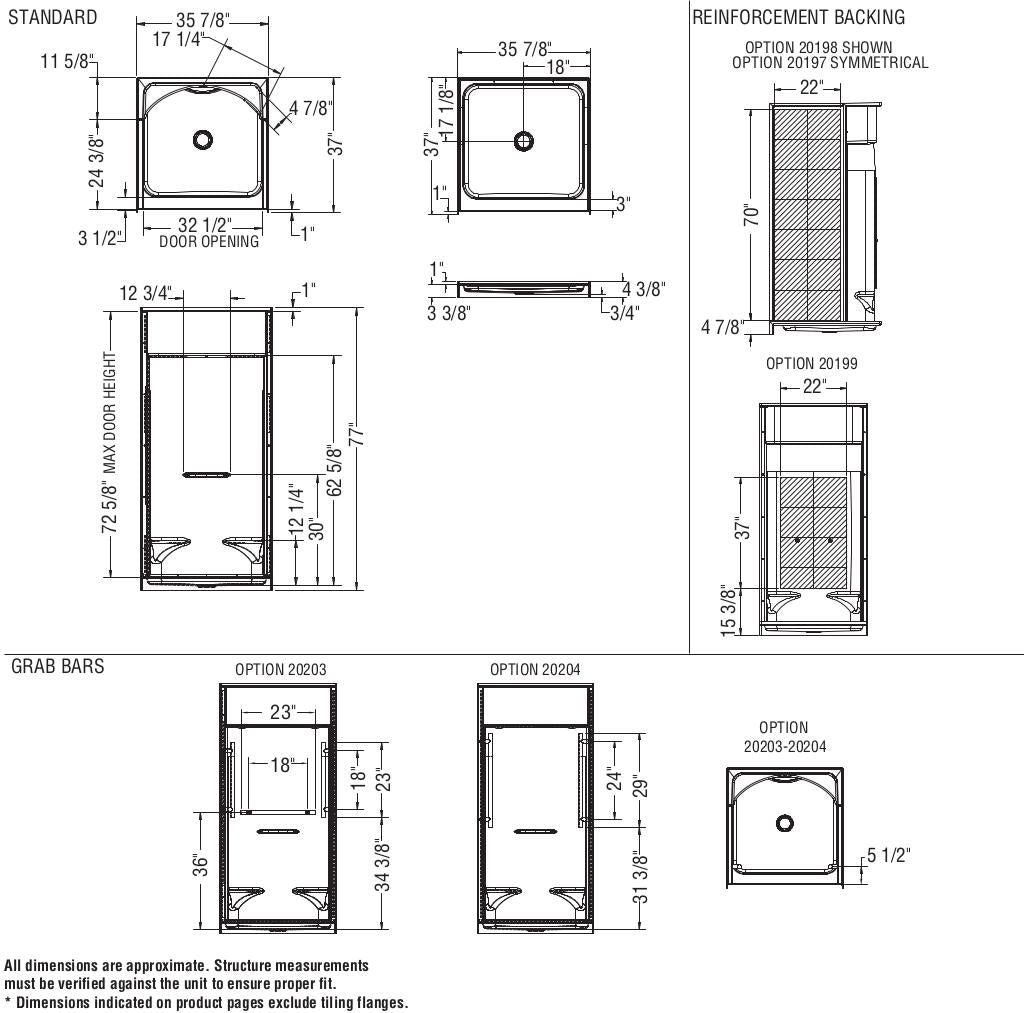 Essence SH-3636 AcrylX Alcove Center Drain Four-Piece Shower in White