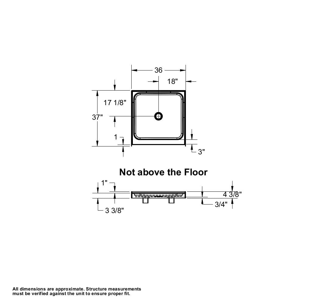 Essence Base 3636 AcrylX Alcove Shower Base with Center Drain in White
