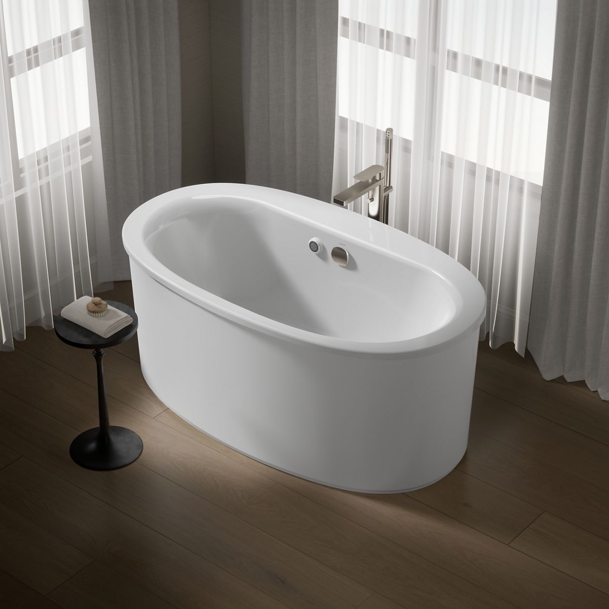 Sunstruck® 60" x 34" freestanding bath with Bask® heated surface and straight shroud