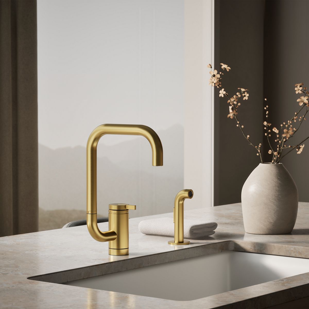 Components® Single-handle kitchen sink faucet with two-function extended-reach spout and side sprayer
