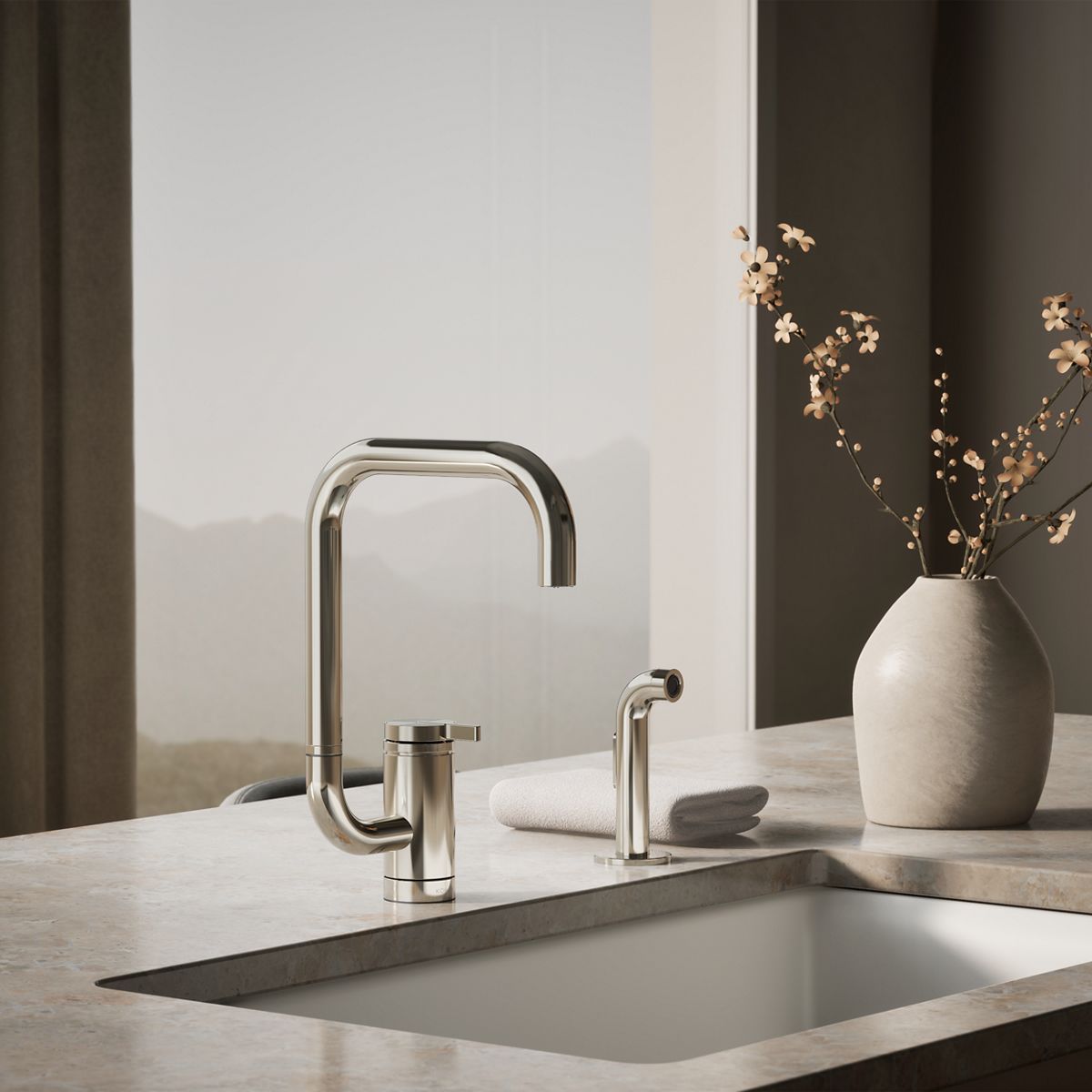 Components® Single-handle kitchen sink faucet with two-function extended-reach spout and side sprayer
