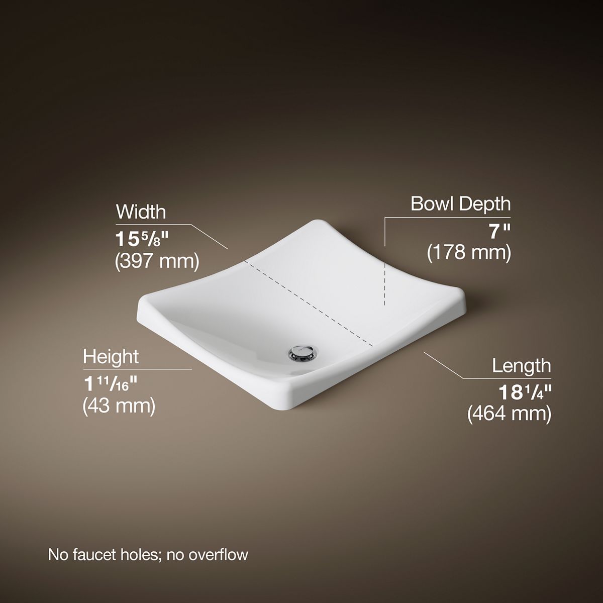 DemiLav® 18-1/4" rectangular vessel bathroom sink, no overflow