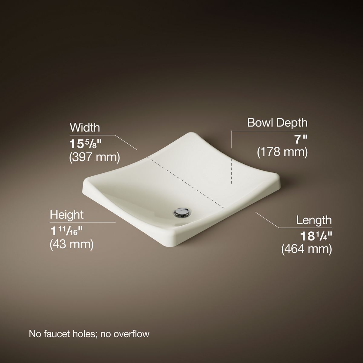 DemiLav® 18-1/4" rectangular vessel bathroom sink, no overflow