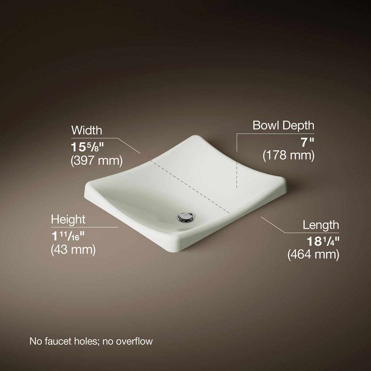 DemiLav® 18-1/4" rectangular vessel bathroom sink, no overflow