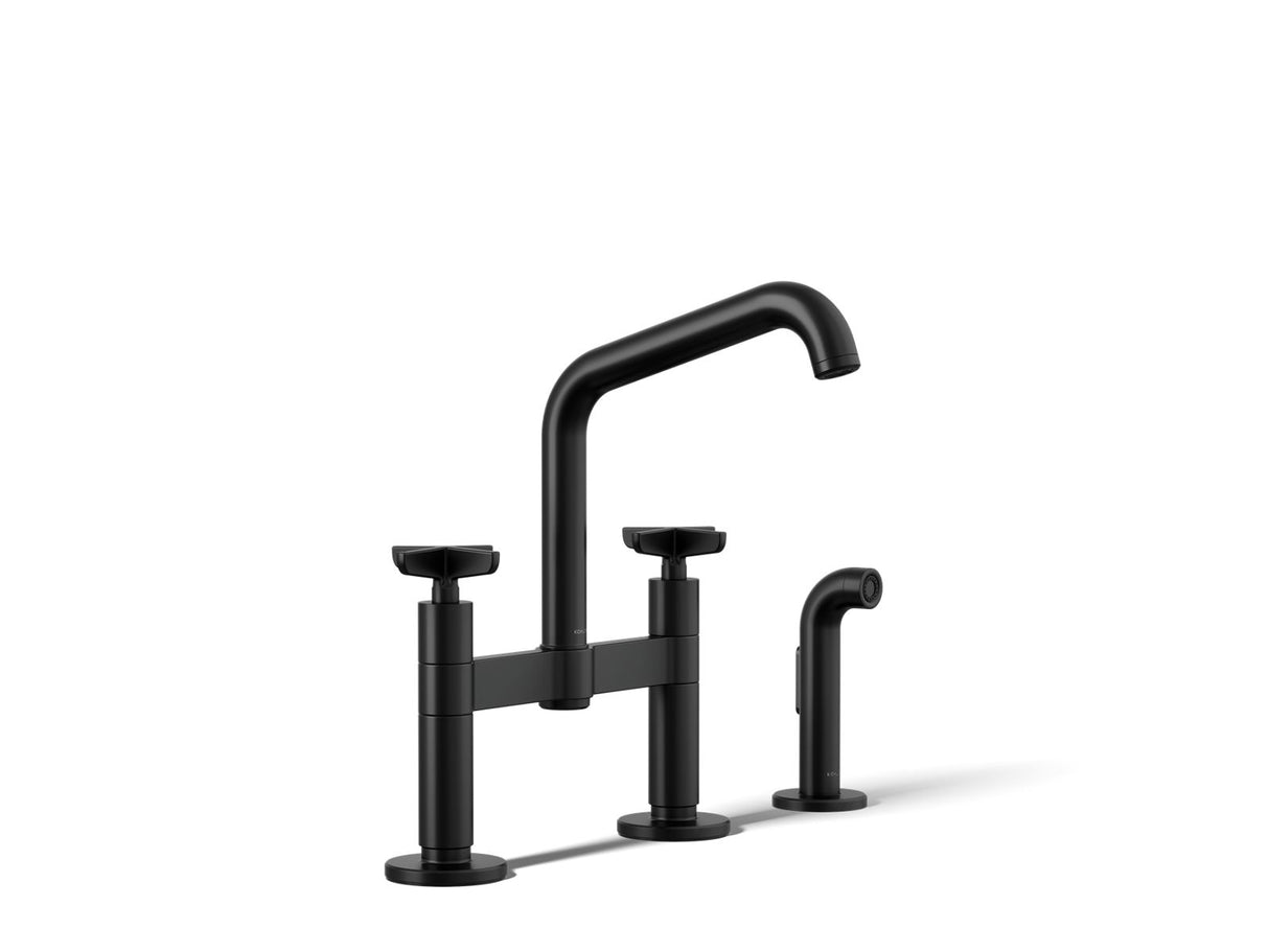 Billet® Two-hole bridge kitchen sink faucet with side sprayer