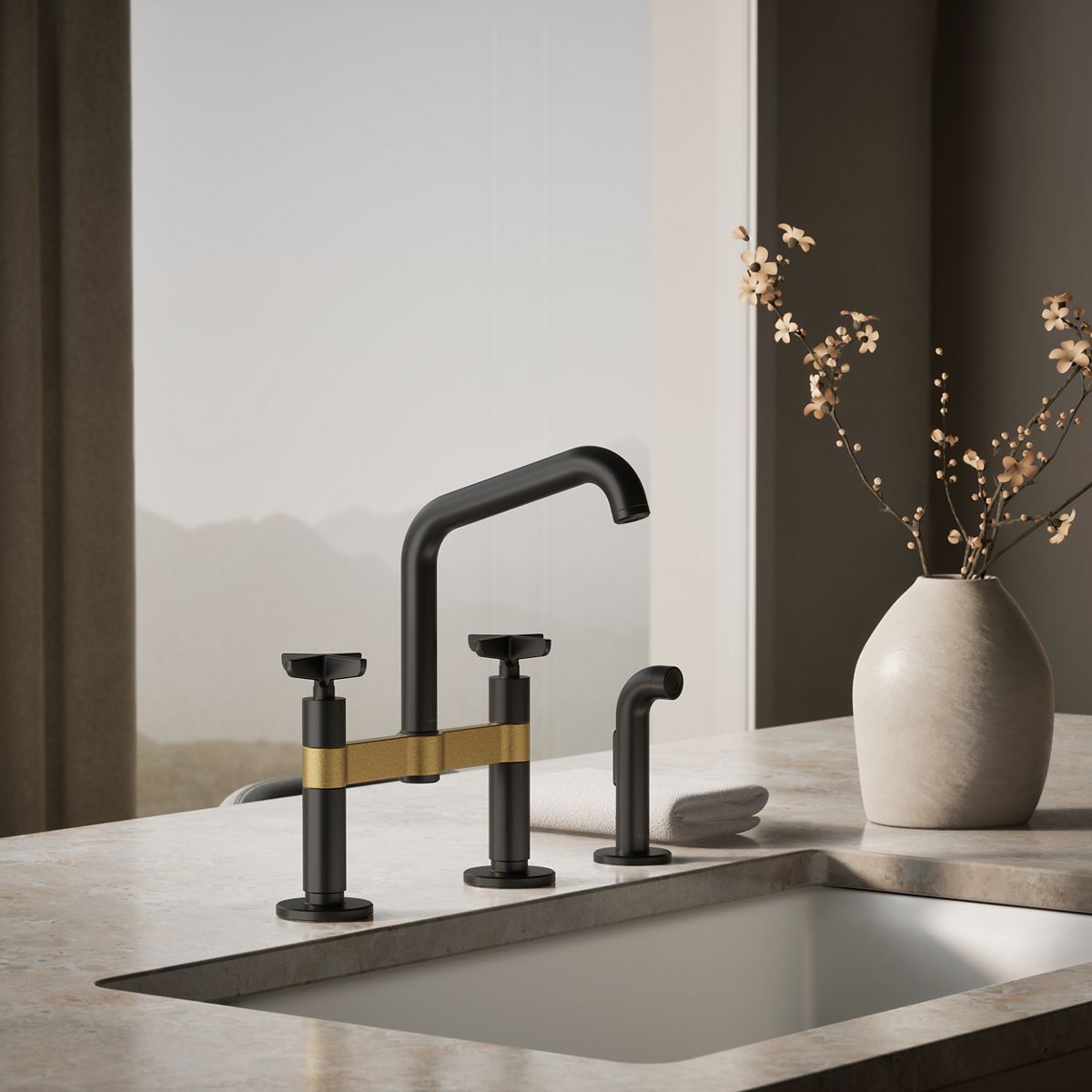 Billet® Two-hole bridge kitchen sink faucet with side sprayer