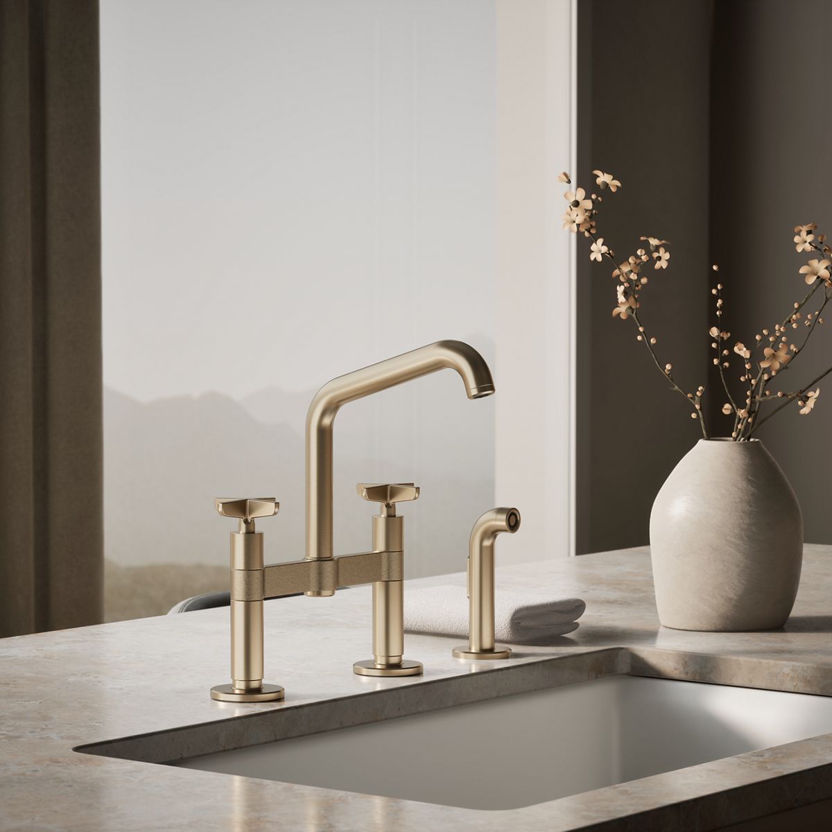 Billet® Two-hole bridge kitchen sink faucet with side sprayer
