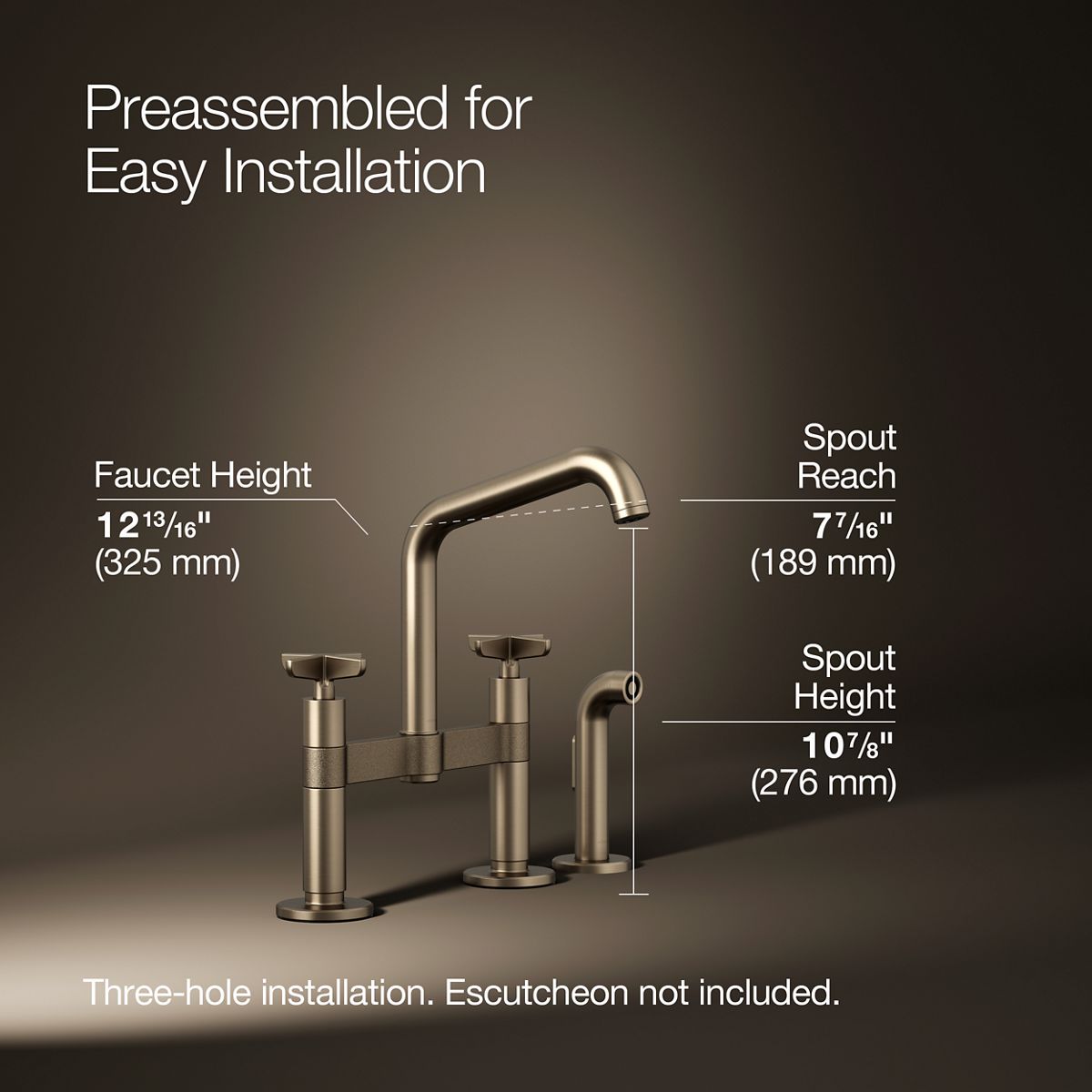 Billet® Two-hole bridge kitchen sink faucet with side sprayer