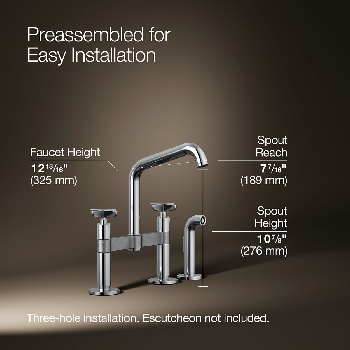 Billet® Two-hole bridge kitchen sink faucet with side sprayer