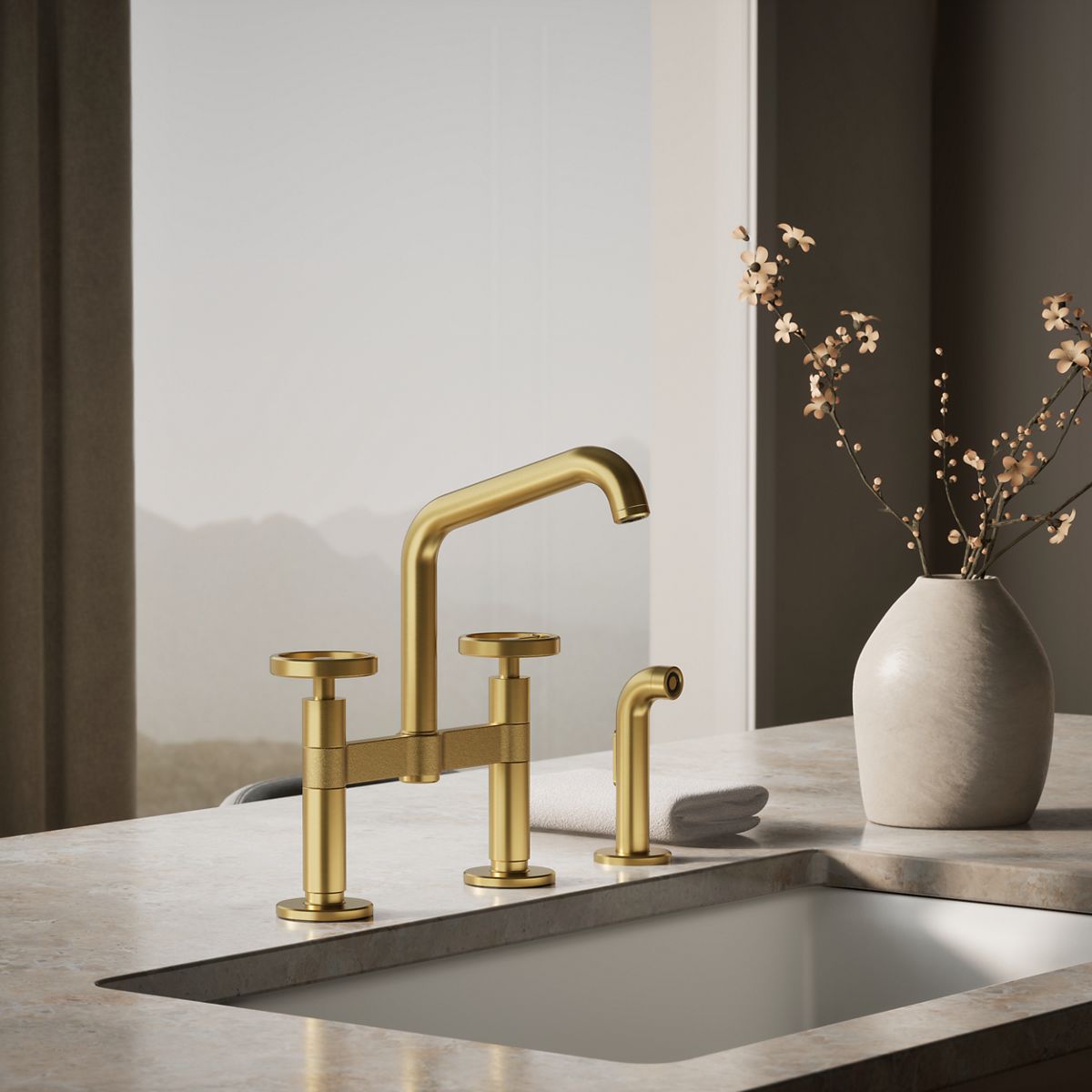 Billet® Two-hole bridge kitchen sink faucet with side sprayer