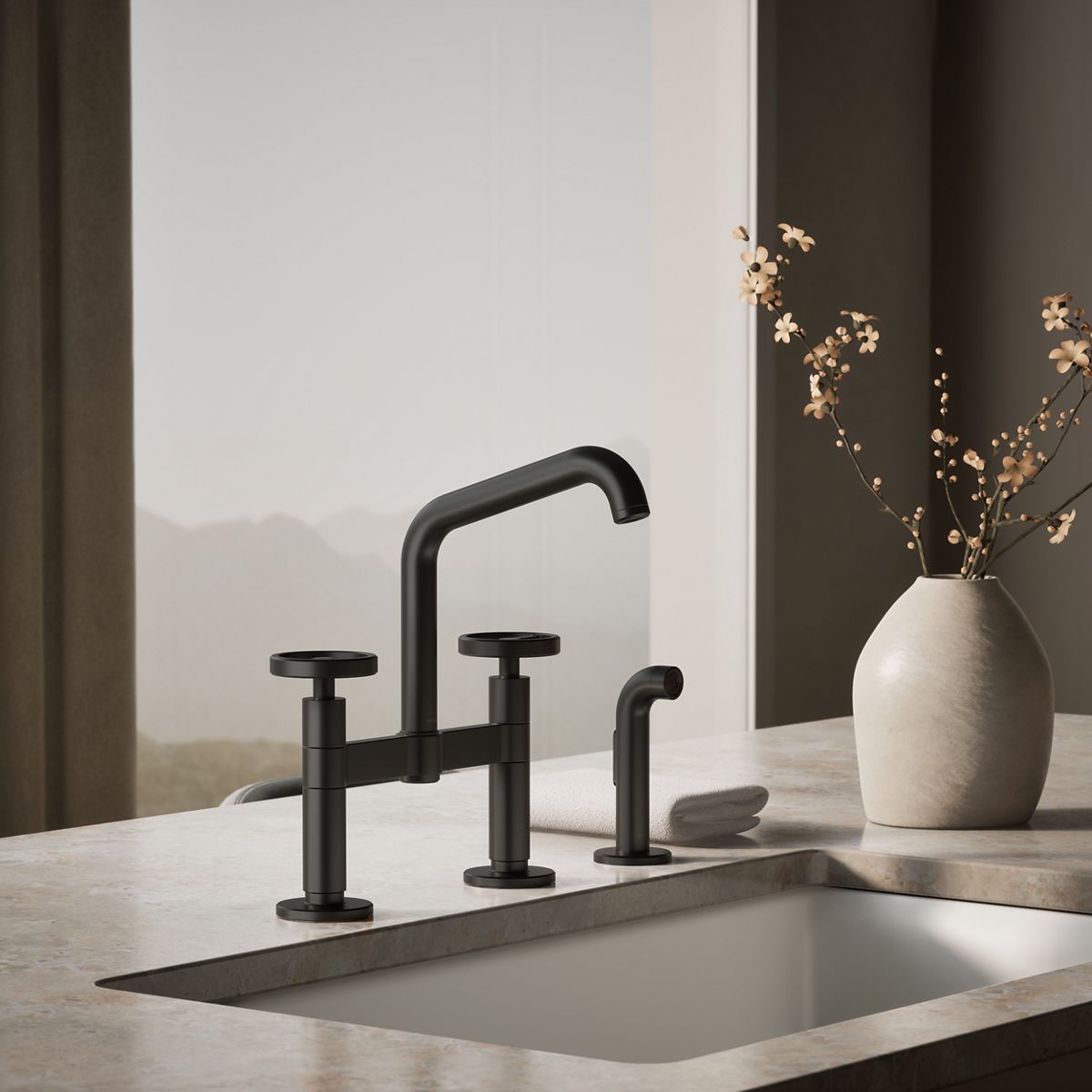 Billet® Two-hole bridge kitchen sink faucet with side sprayer