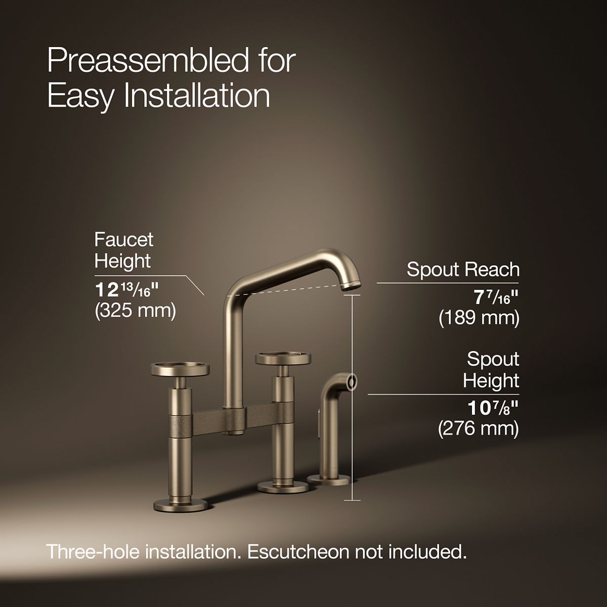 Billet® Two-hole bridge kitchen sink faucet with side sprayer