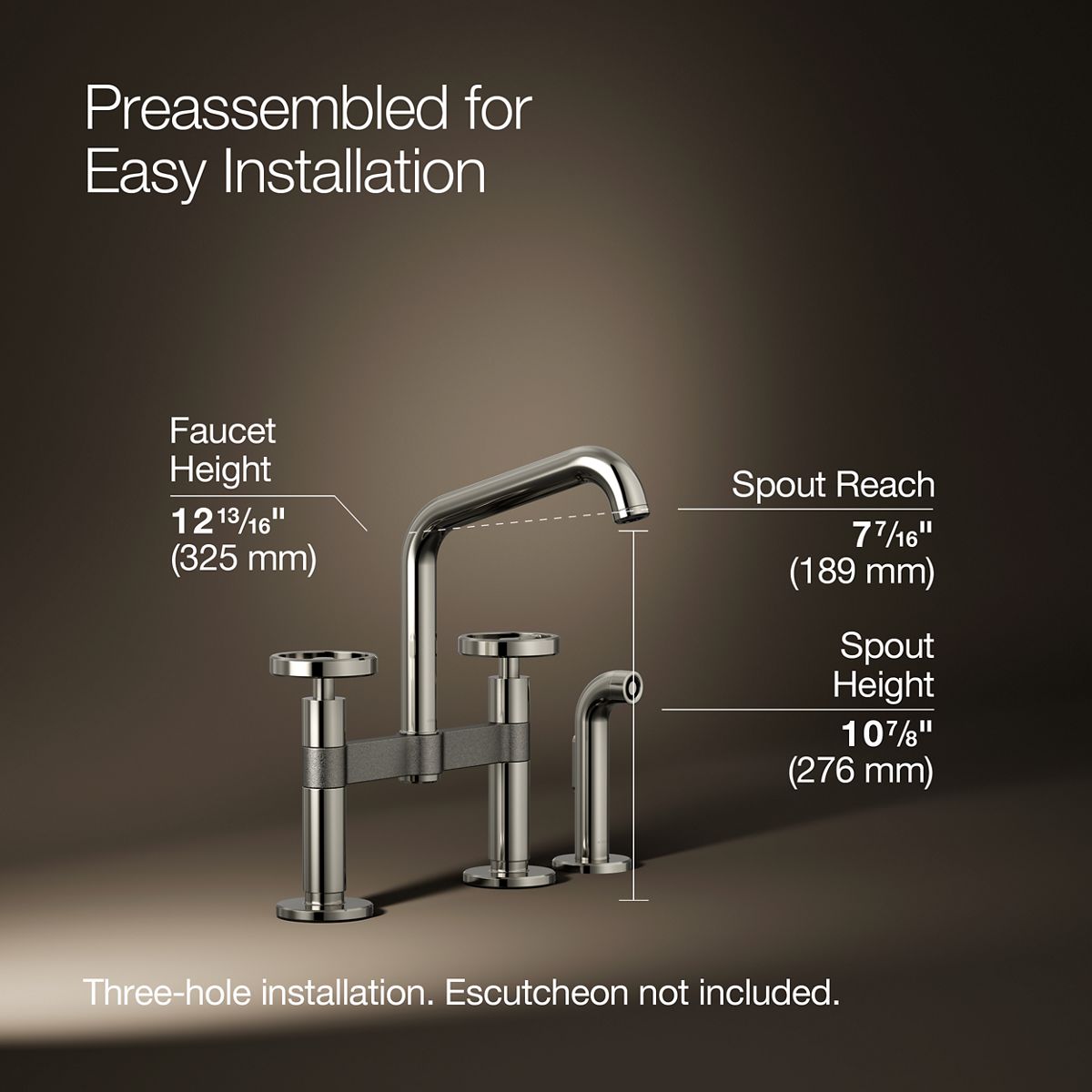 Billet® Two-hole bridge kitchen sink faucet with side sprayer