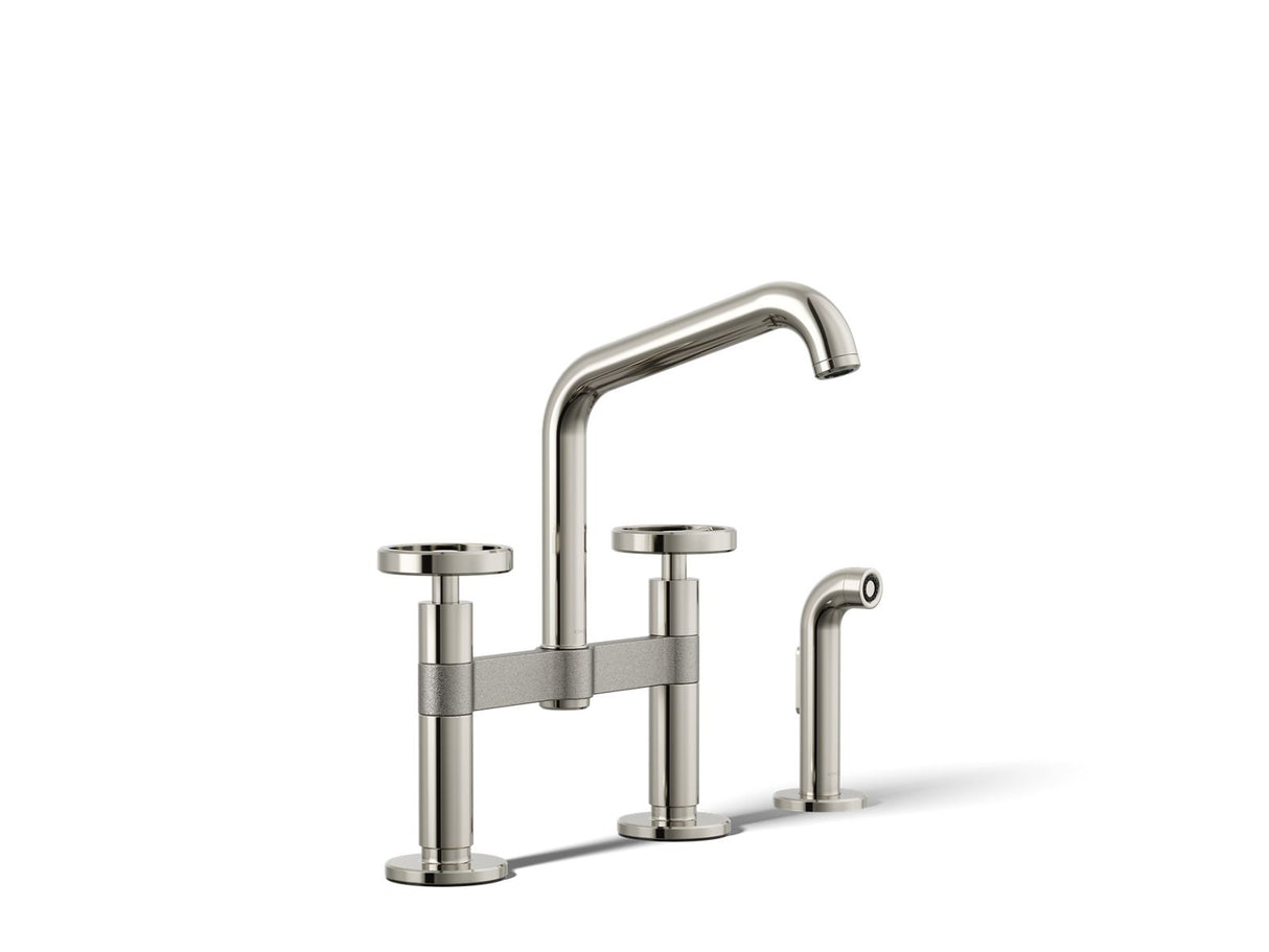 Billet® Two-hole bridge kitchen sink faucet with side sprayer