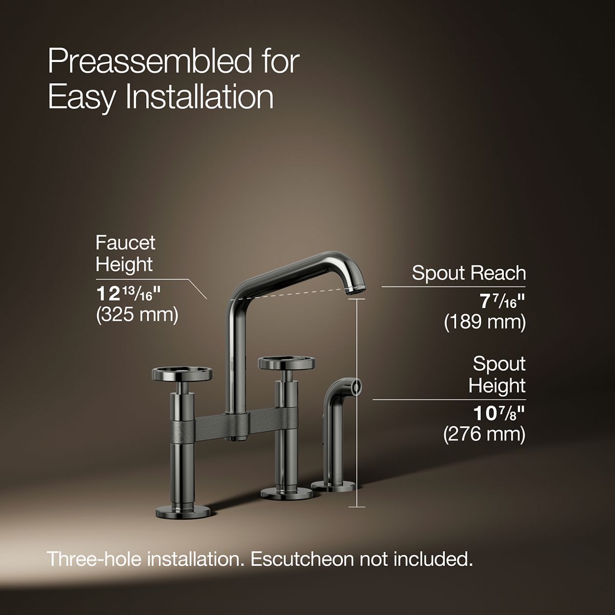 Billet® Two-hole bridge kitchen sink faucet with side sprayer