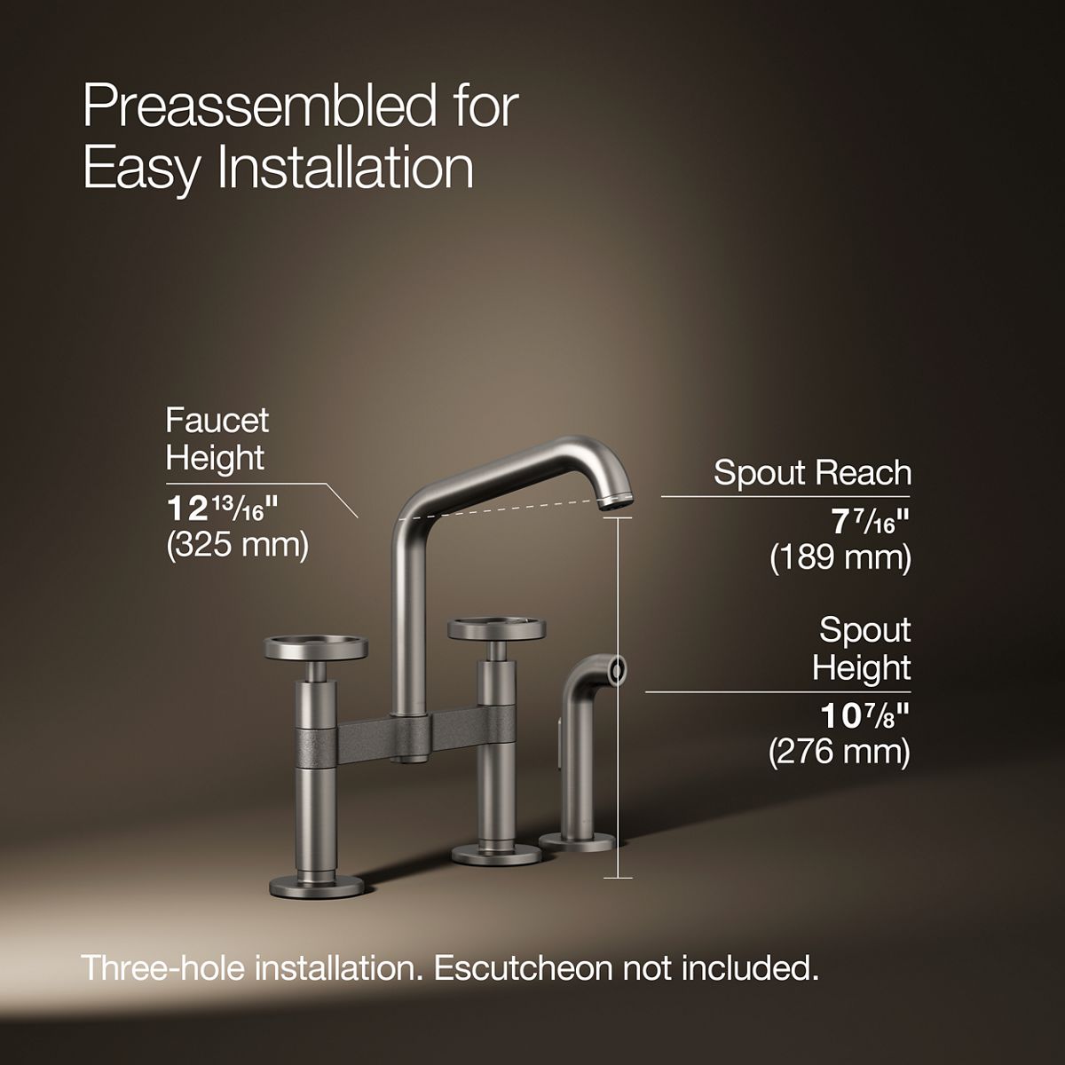 Billet® Two-hole bridge kitchen sink faucet with side sprayer