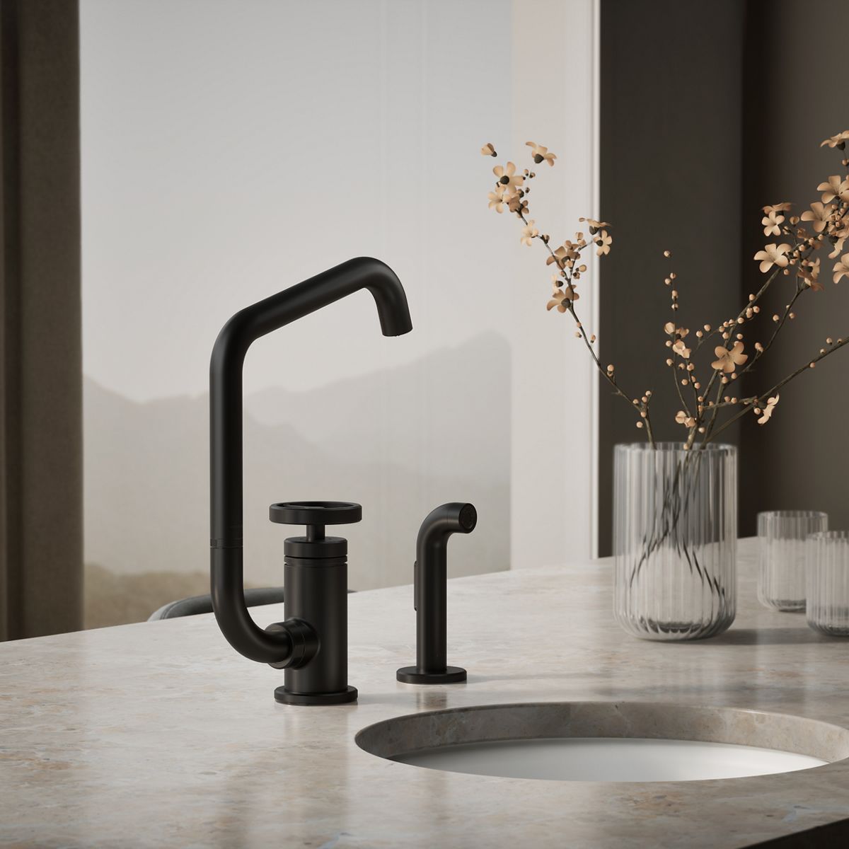 Billet® Single-handle bar sink faucet with two-function extended-reach spout and side sprayer