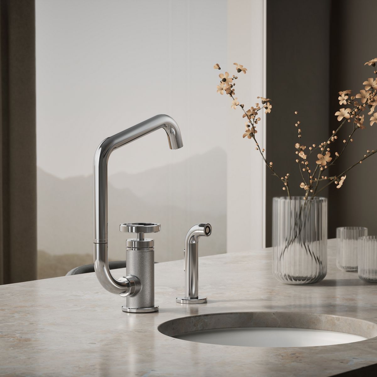 Billet® Single-handle bar sink faucet with two-function extended-reach spout and side sprayer