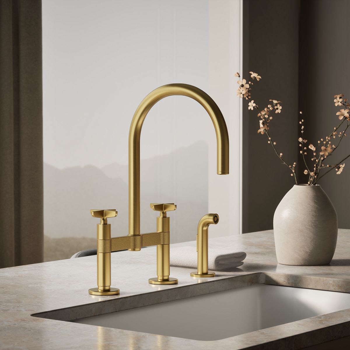 Billet® Two-hole bridge kitchen sink faucet with side sprayer