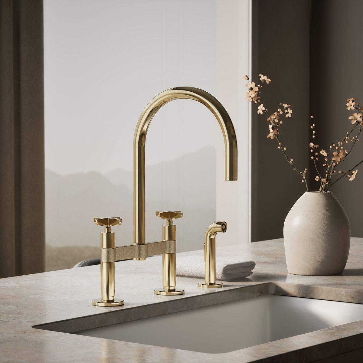 Billet® Two-hole bridge kitchen sink faucet with side sprayer