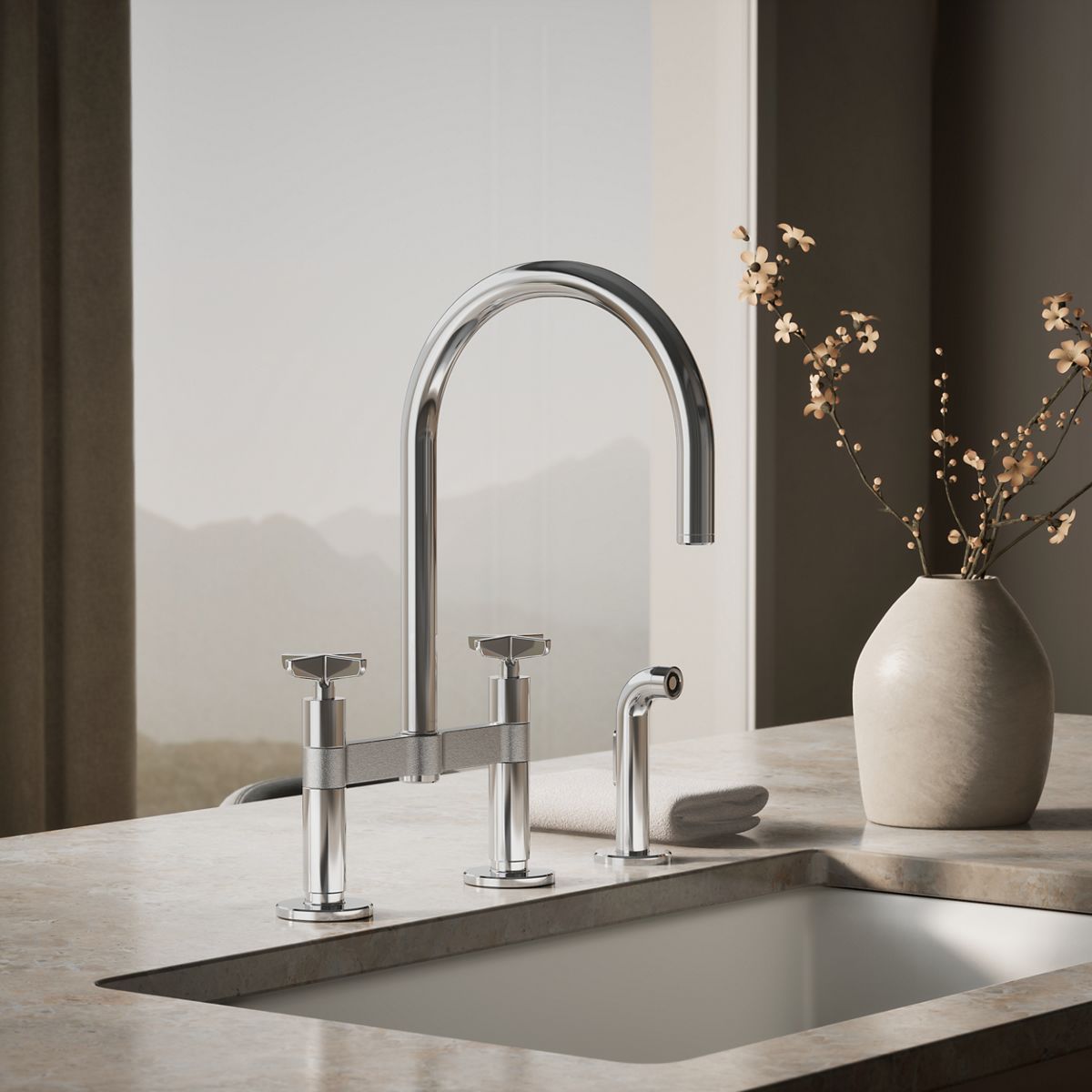 Billet® Two-hole bridge kitchen sink faucet with side sprayer