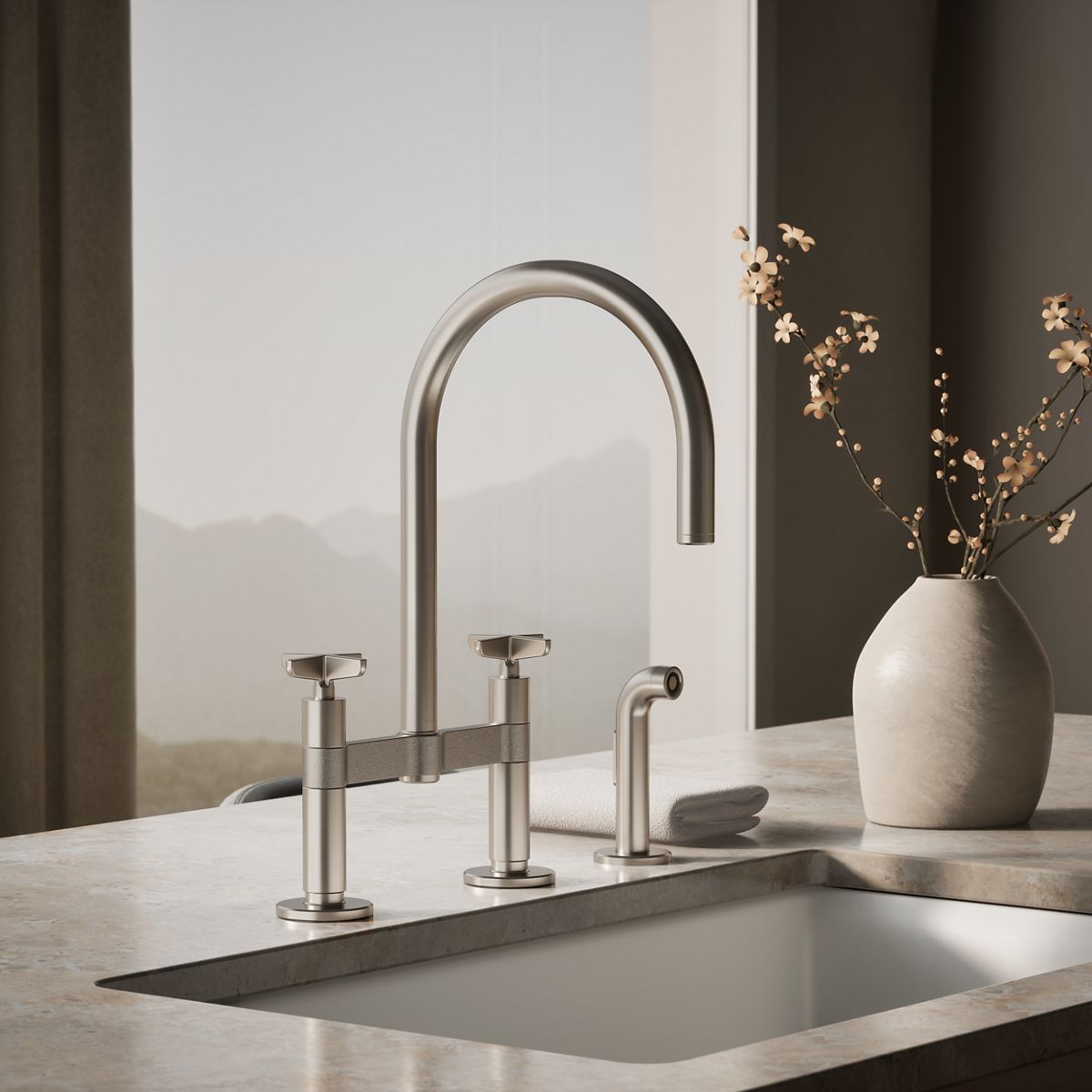 Billet® Two-hole bridge kitchen sink faucet with side sprayer