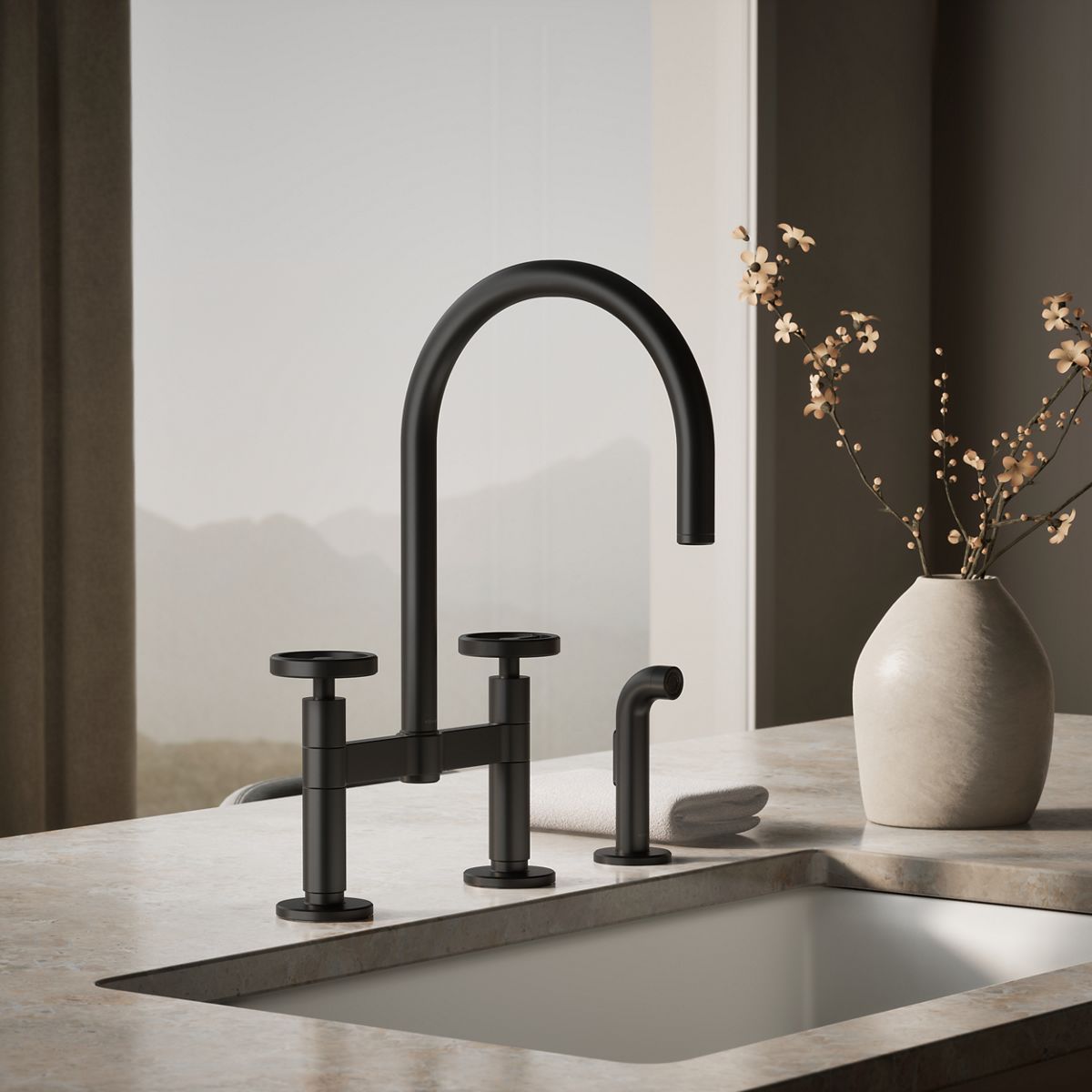 Billet® Two-hole bridge kitchen sink faucet with side sprayer
