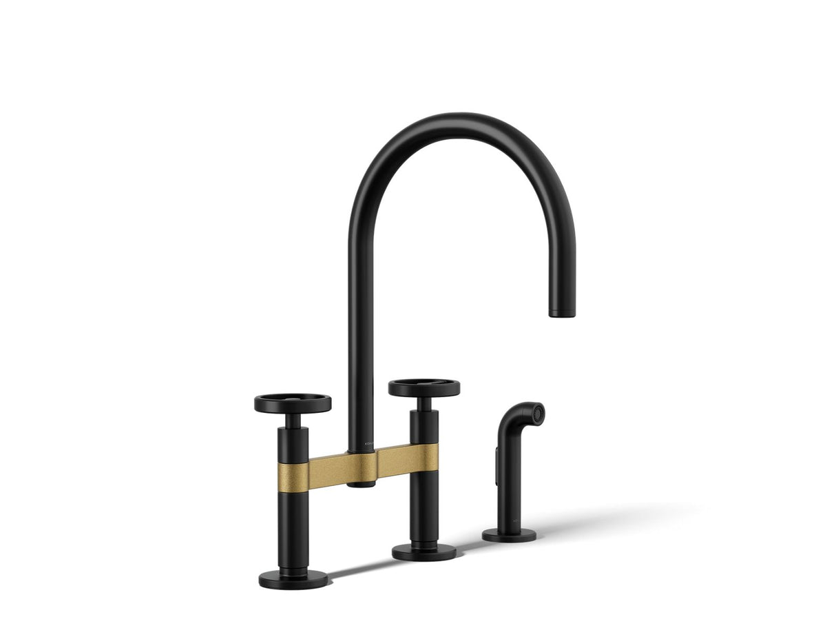 Billet® Two-hole bridge kitchen sink faucet with side sprayer