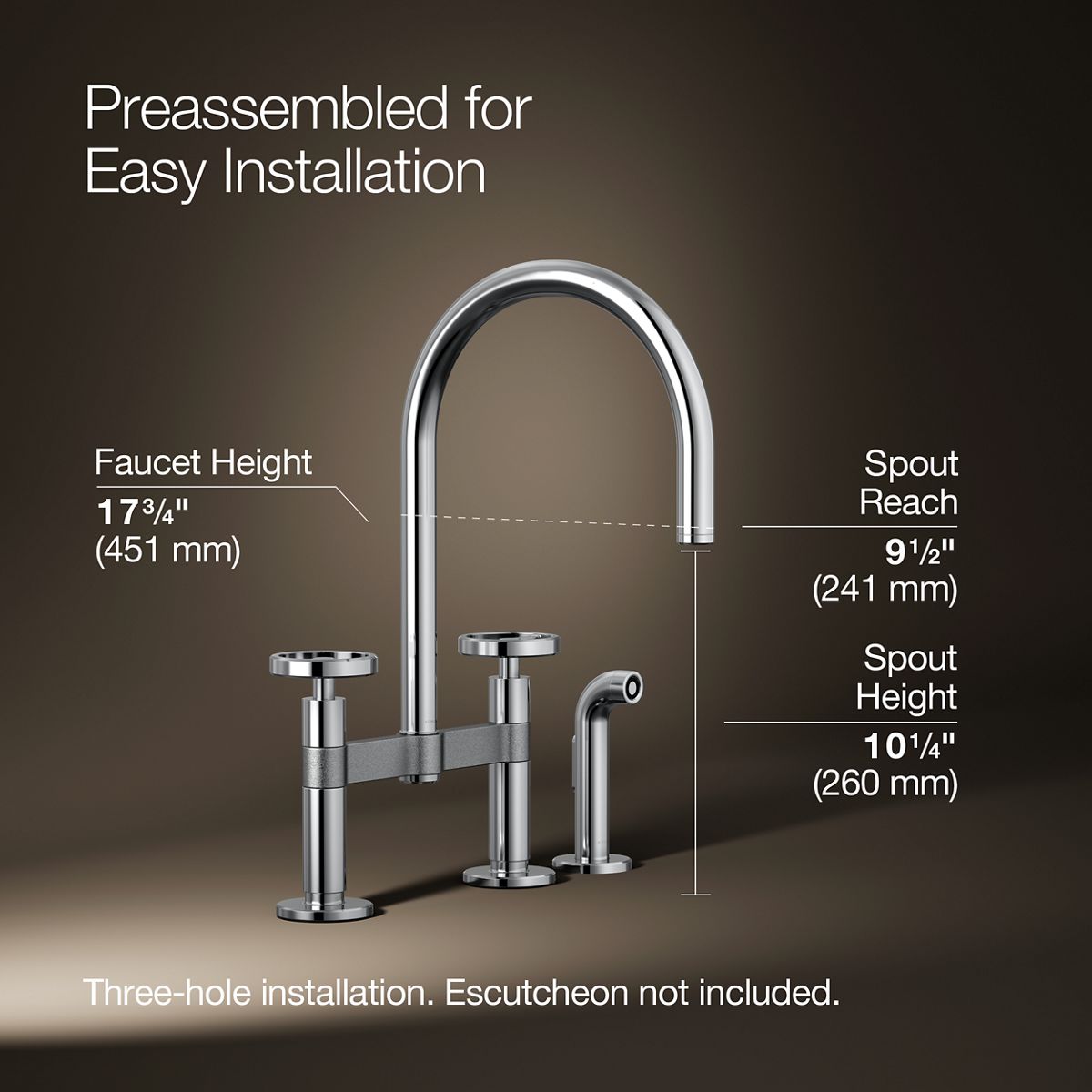 Billet® Two-hole bridge kitchen sink faucet with side sprayer