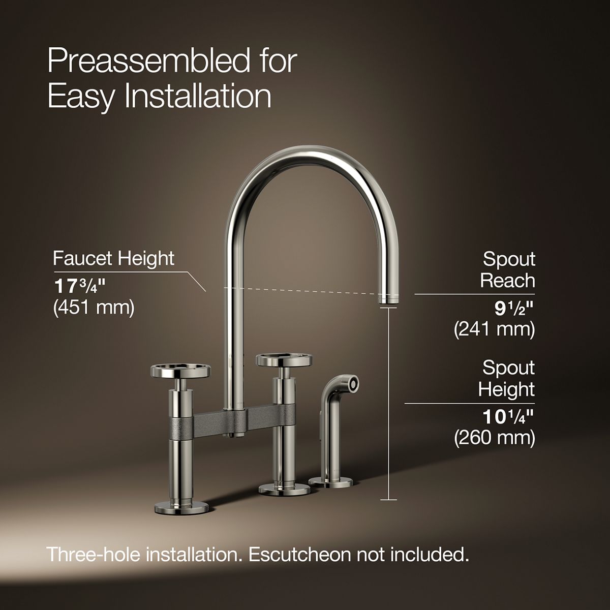 Billet® Two-hole bridge kitchen sink faucet with side sprayer