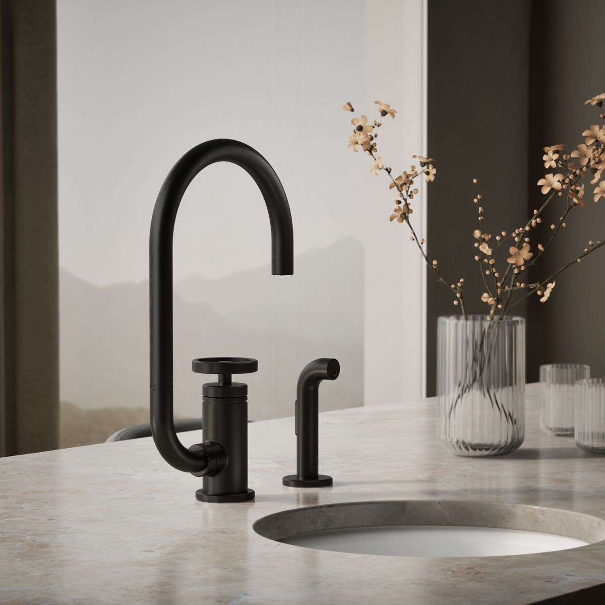 Billet® Single-handle bar sink faucet with two-function extended-reach spout and side sprayer