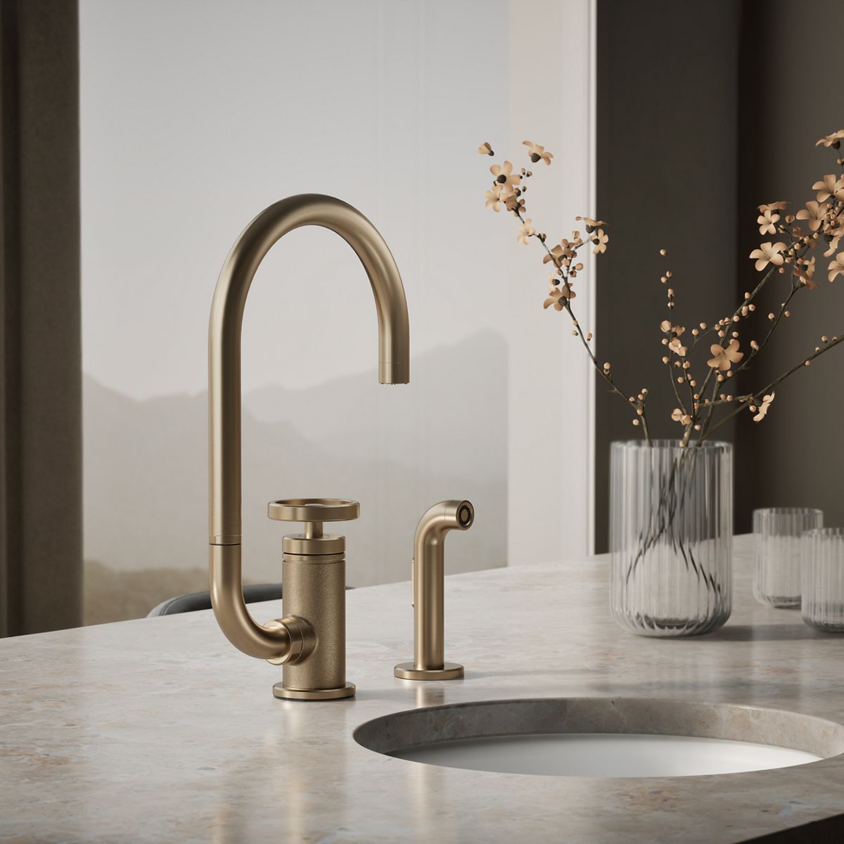 Billet® Single-handle bar sink faucet with two-function extended-reach spout and side sprayer