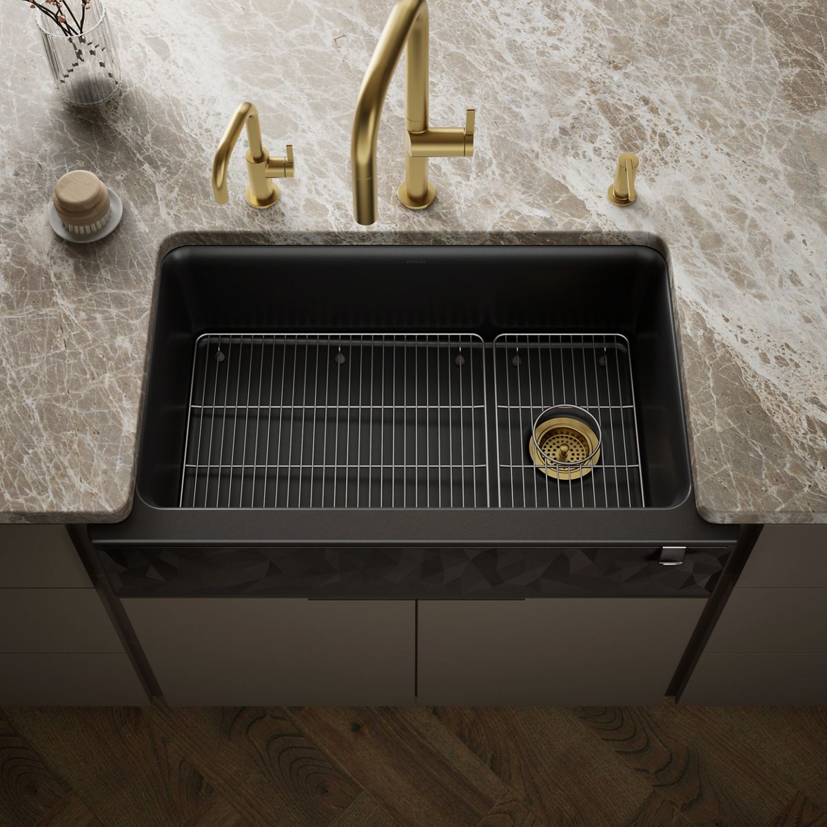 Cairn® 34" undermount single-bowl farmhouse kitchen sink with faceted design