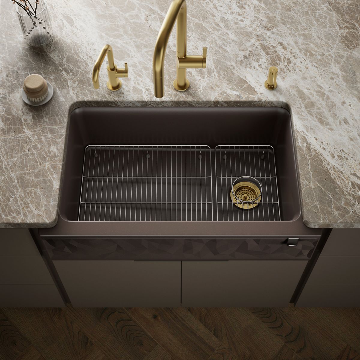 Cairn® 34" undermount single-bowl farmhouse kitchen sink with faceted design