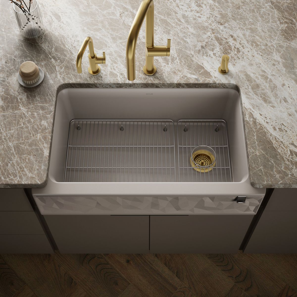 Cairn® 34" undermount single-bowl farmhouse kitchen sink with faceted design