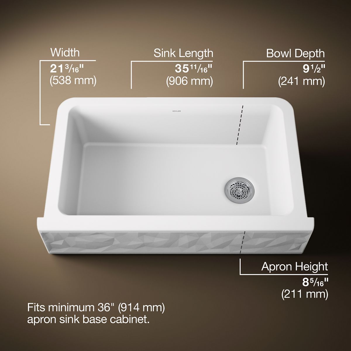 Cairn® 34" undermount single-bowl farmhouse kitchen sink with faceted design