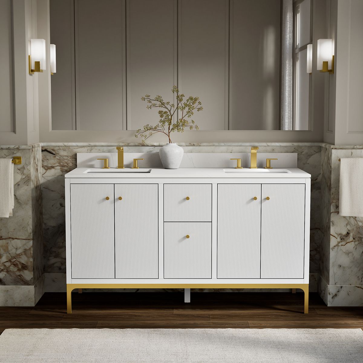 Calpa® 60" bathroom vanity cabinet with sinks and quartz top